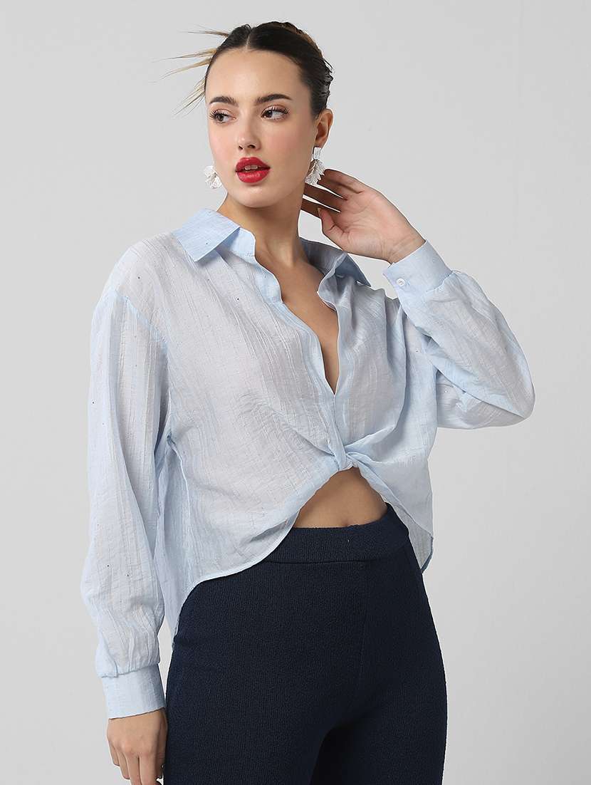 women solid collared long sleeves shirt top - 21661790 -  Standard Image - 2