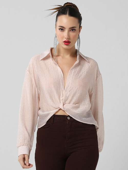 women solid collared long sleeves shirt top - 21661792 - Standard Image - 0