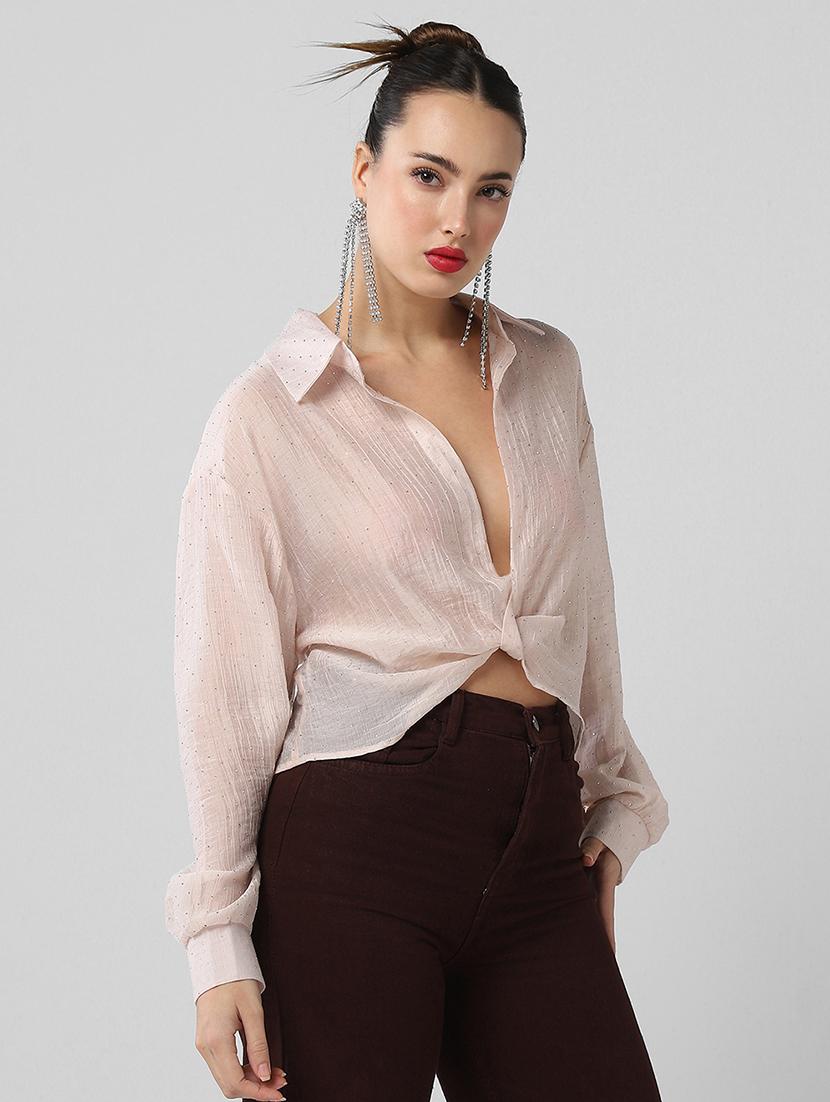 women solid collared long sleeves shirt top - 21661792 - Standard Image - 2