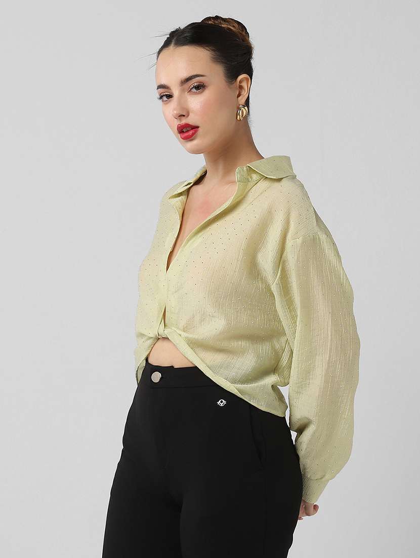 women solid collared long sleeves shirt top - 21661793 -  Standard Image - 2