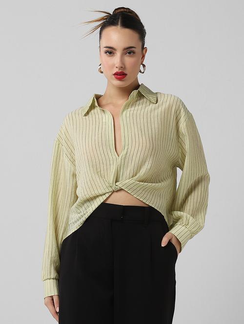 women striped collared long sleeves shirt top - 21661794 - Standard Image - 0