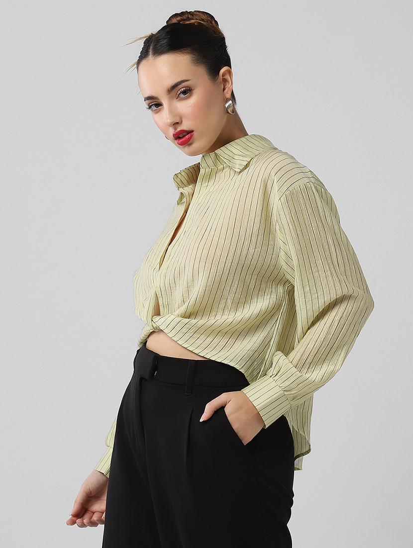 women striped collared long sleeves shirt top - 21661794 - Standard Image - 2
