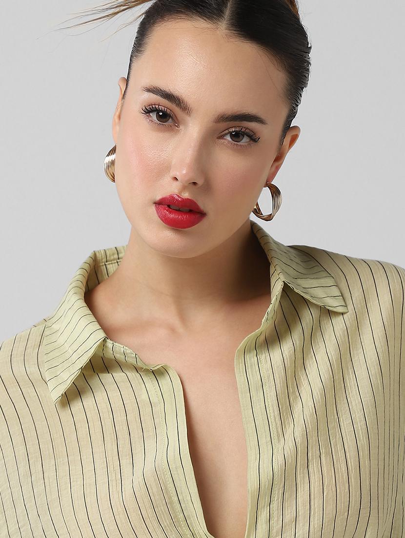 women striped collared long sleeves shirt top - 21661794 - Standard Image - 7