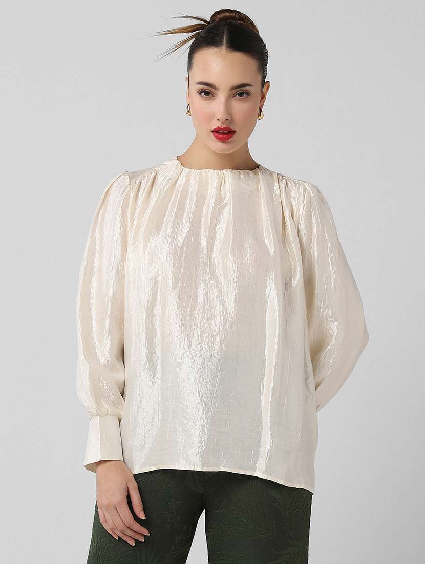 women solid puff sleeves a-line top