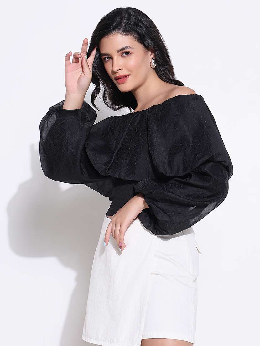 women solid off shoulder crop top - 21661805 -  Standard Image - 2