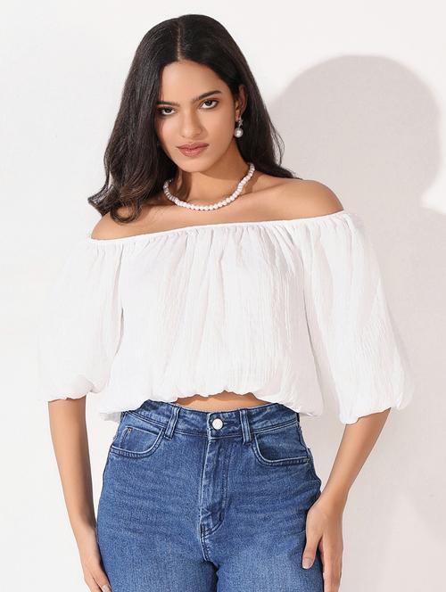 women solid off shoulder blouson top - 21661811 -  Standard Image - 0