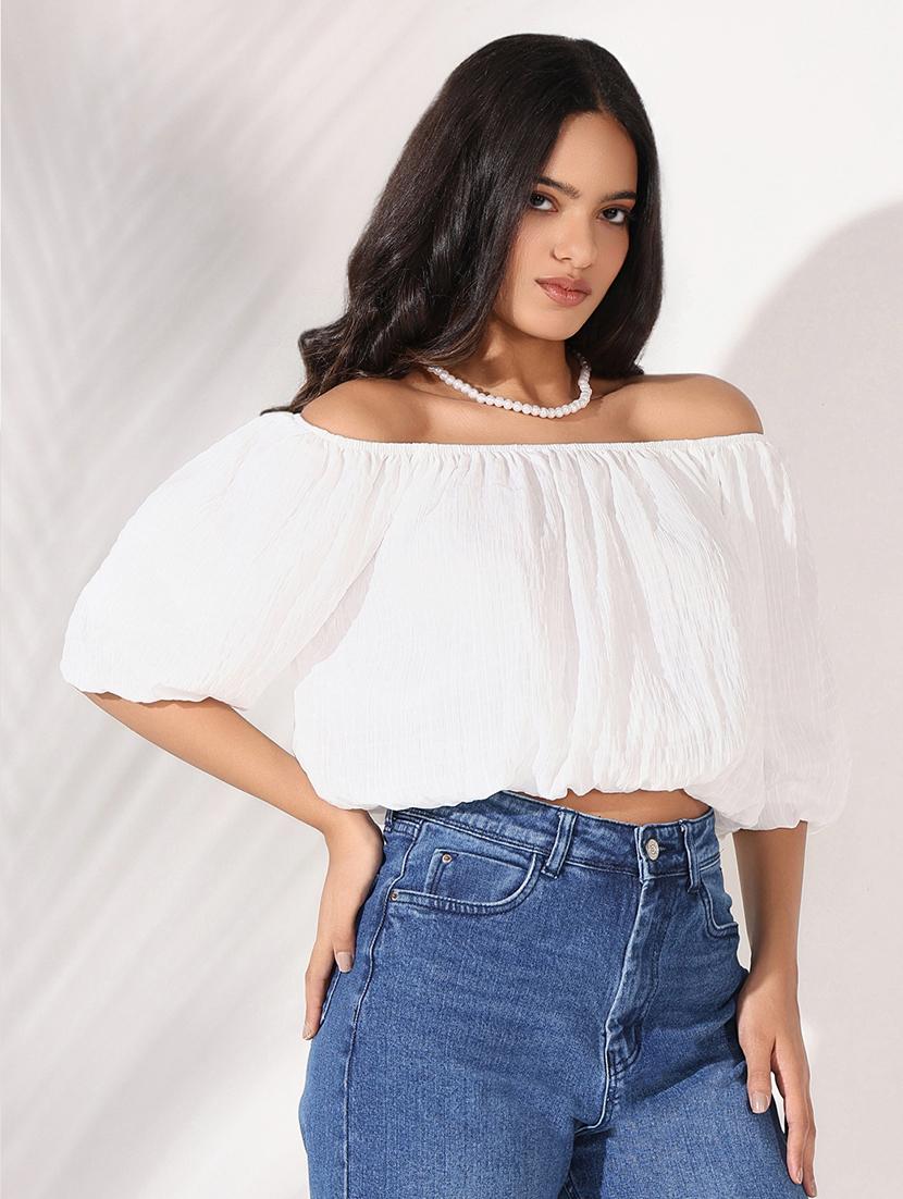 women solid off shoulder blouson top - 21661811 - Standard Image - 2