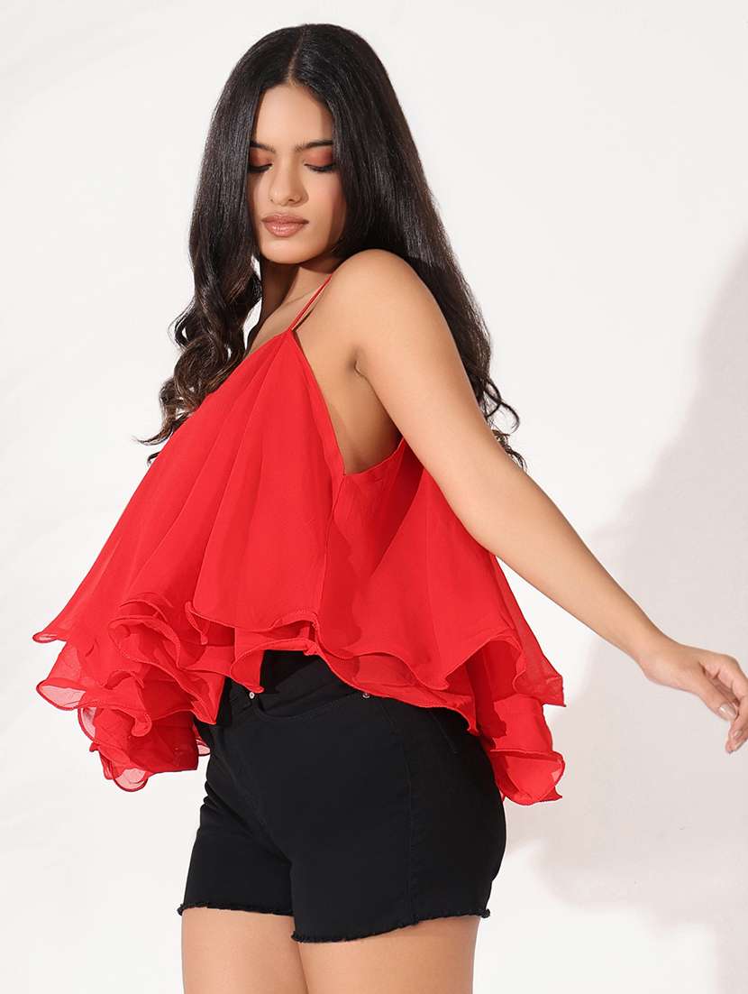 women solid shoulder strap flared top - 21661831 - Standard Image - 2