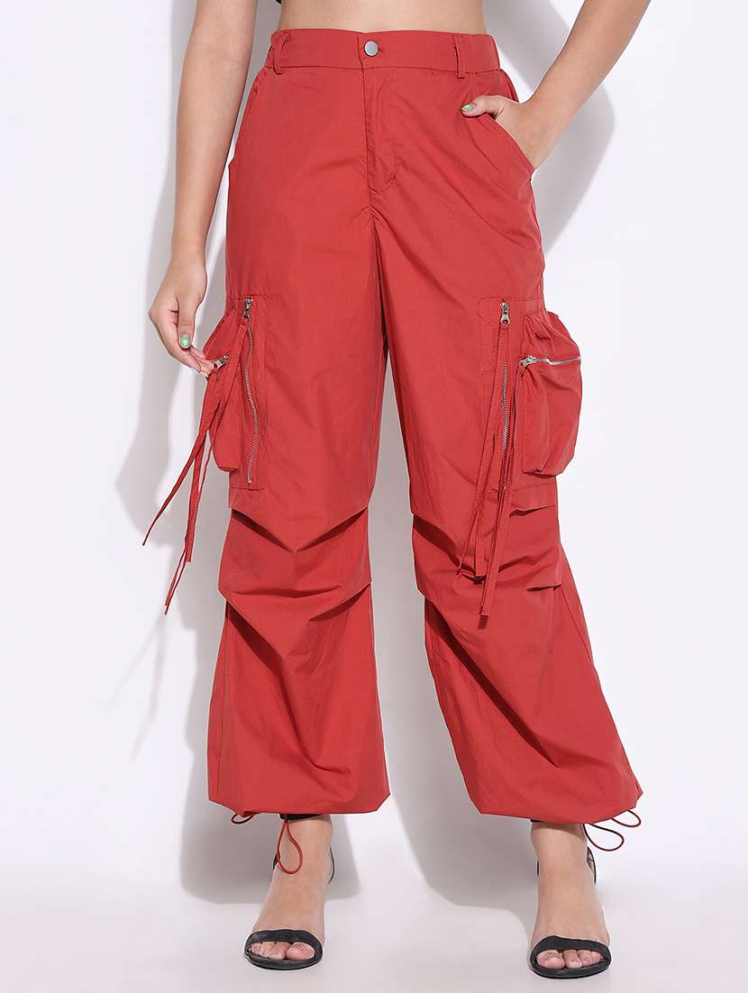 women solid high rise relaxed fitcargo