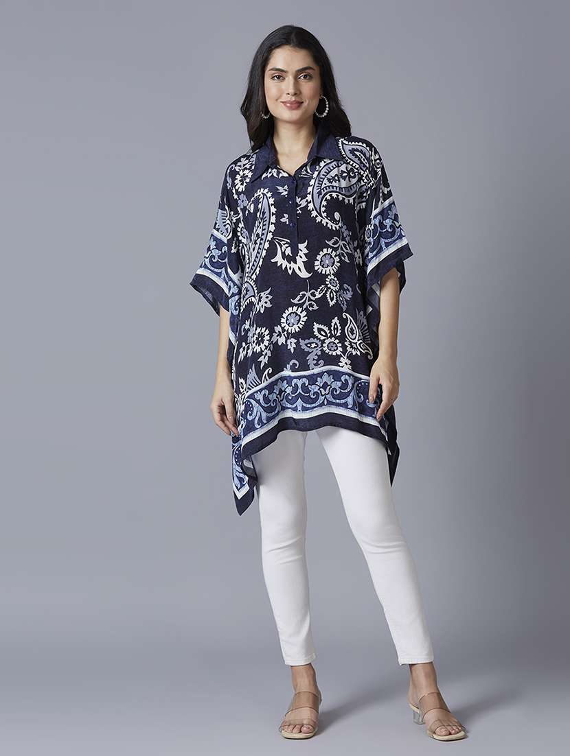 women navy blue printed kaftan tops