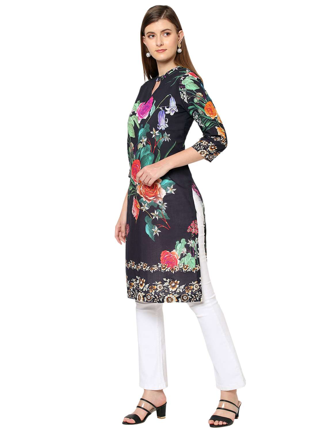 women floral three quarter sleeve straight kurta - 21662097 - Standard Image - 2