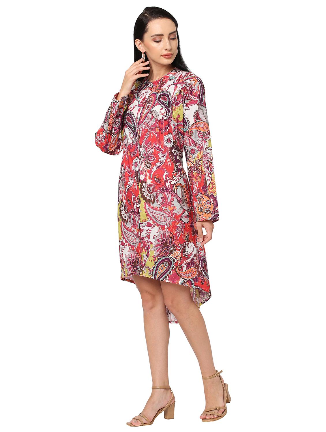 women multi color printed mandarin neck high-low dress - 21662106 - Standard Image - 2