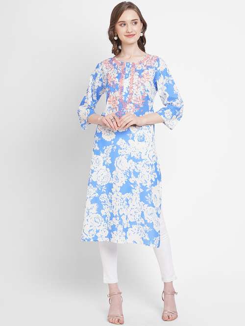 women floral three quarter sleeve straight kurta - 21662109 - Standard Image - 0