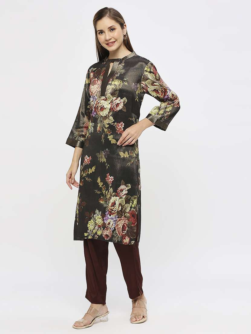 women floral three quarter sleeve straight kurta - 21662147 -  Standard Image - 2