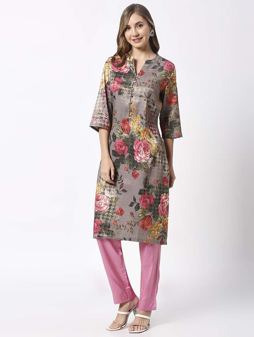 women floral three quarter sleeves straight kurta - 21662151 - Standard Image - 2