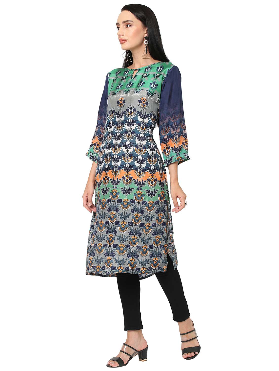 women floral three quarter sleeve straight kurta - 21662157 -  Standard Image - 2