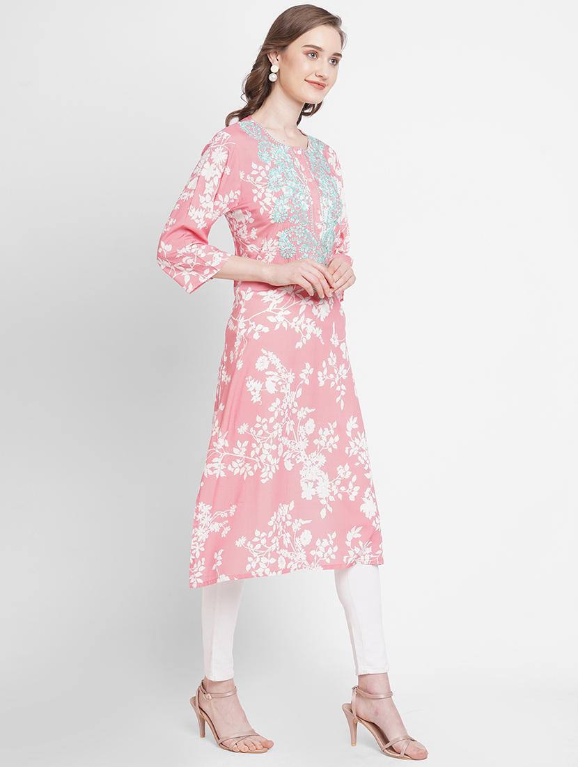 women floral three quarter sleeves straight kurta - 21662160 - Standard Image - 2