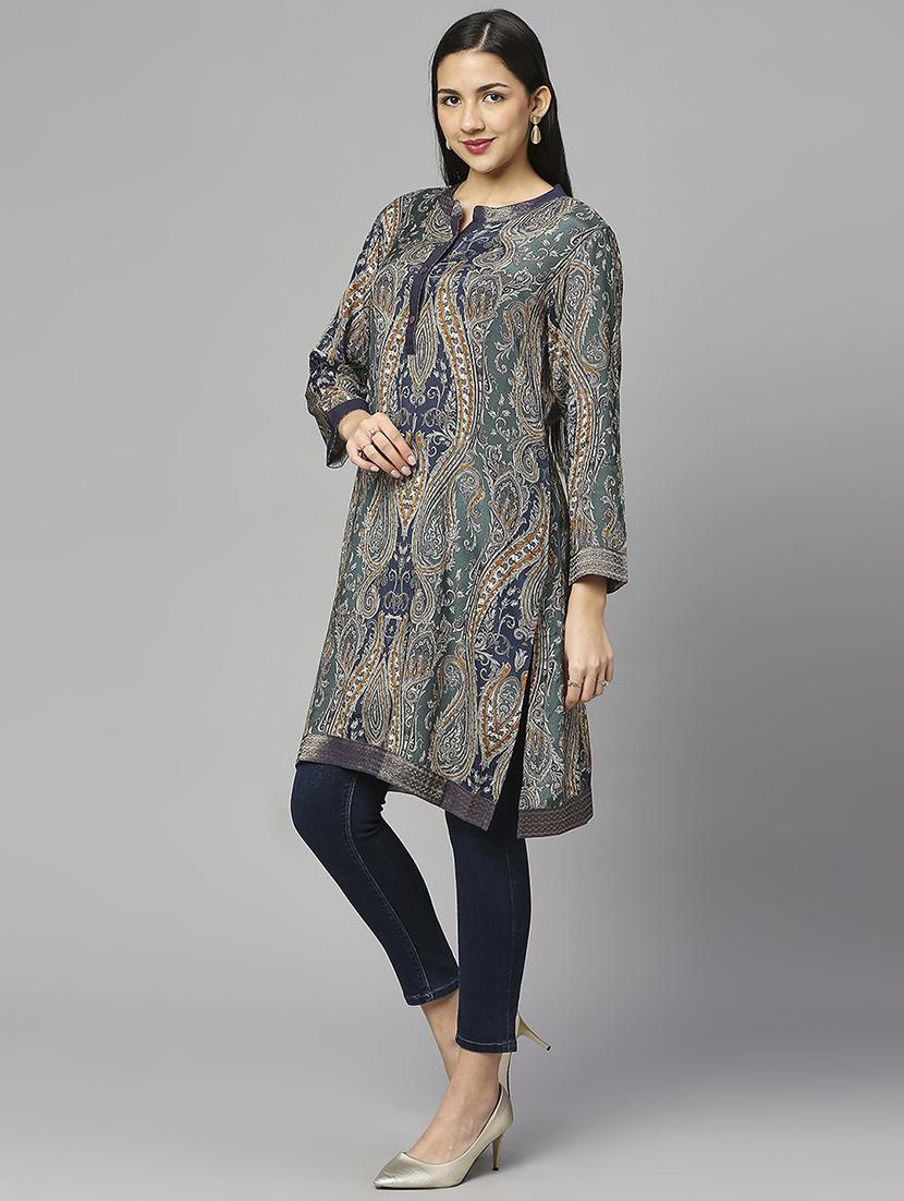 women paisley long sleeve straight kurta - 21662175 - Standard Image - 2