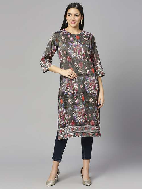 women floral three quarter sleeves straight kurta - 21662176 -  Standard Image - 0