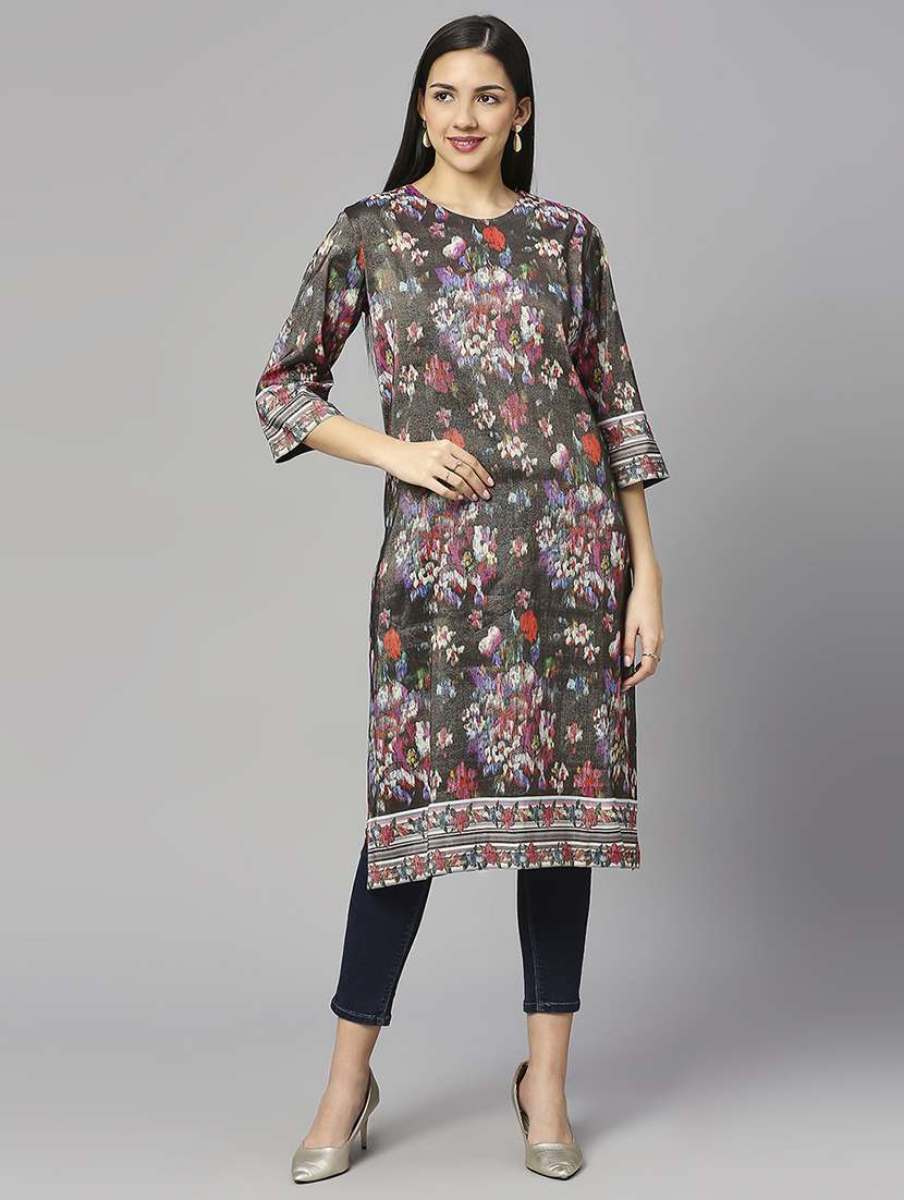 women floral three quarter sleeves straight kurta - 21662176 -  Zoom Image - 0