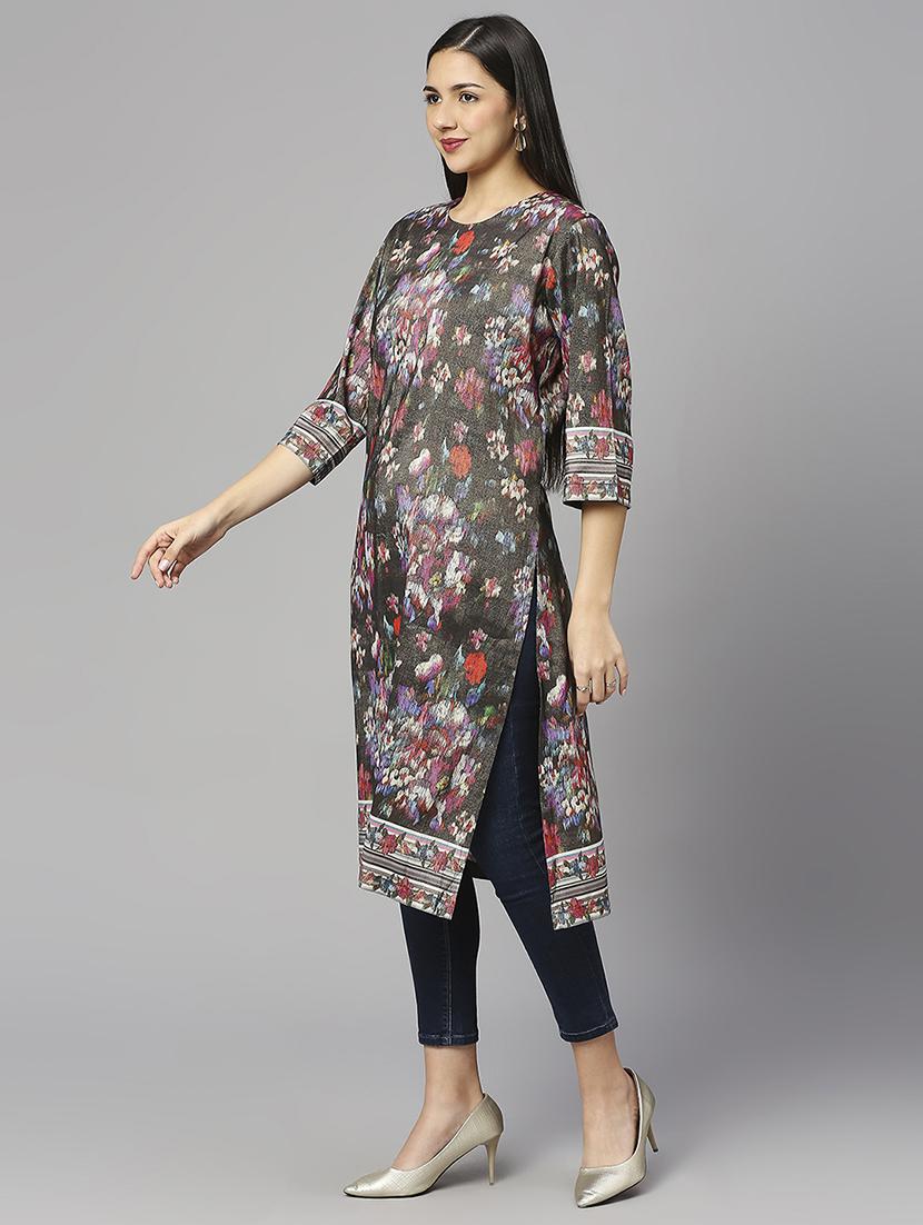 women floral three quarter sleeves straight kurta - 21662176 - Standard Image - 2