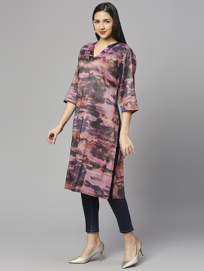 women printed three quarter sleeve a-line kurta - 21662177 - Standard Image - 2