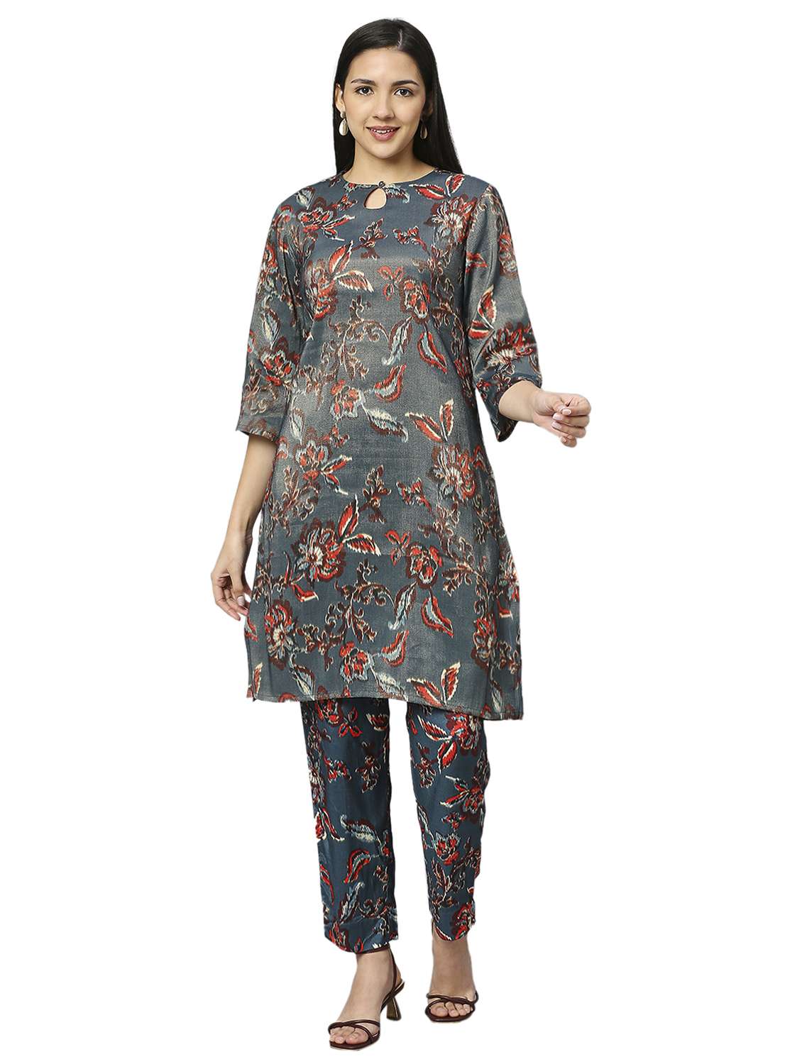women floral key hole neck straight kurta