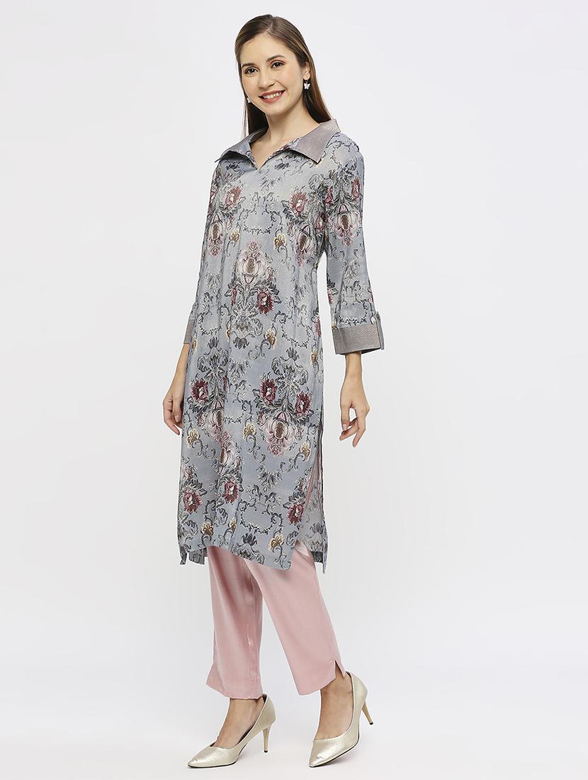 women floral three quarter sleeve straight kurta - 21662183 - Standard Image - 2