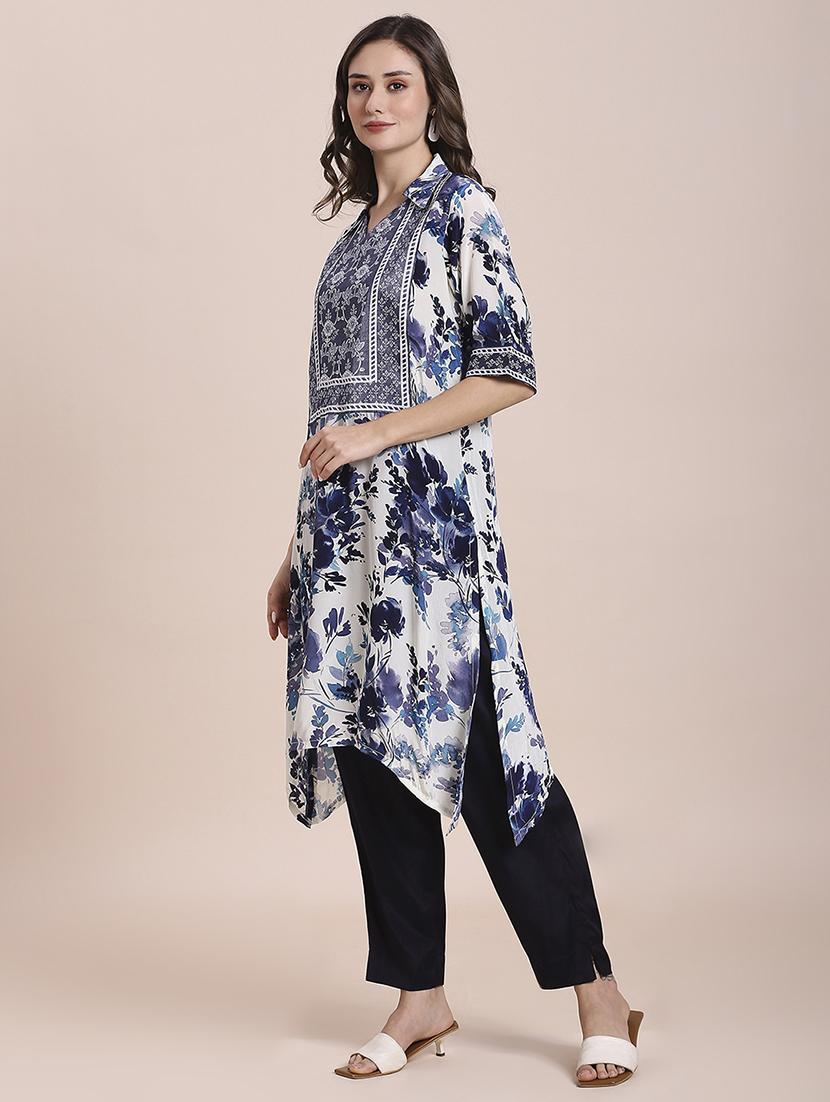 women floral print shirt collar neck asymmetric kurta - 21662190 - Standard Image - 2