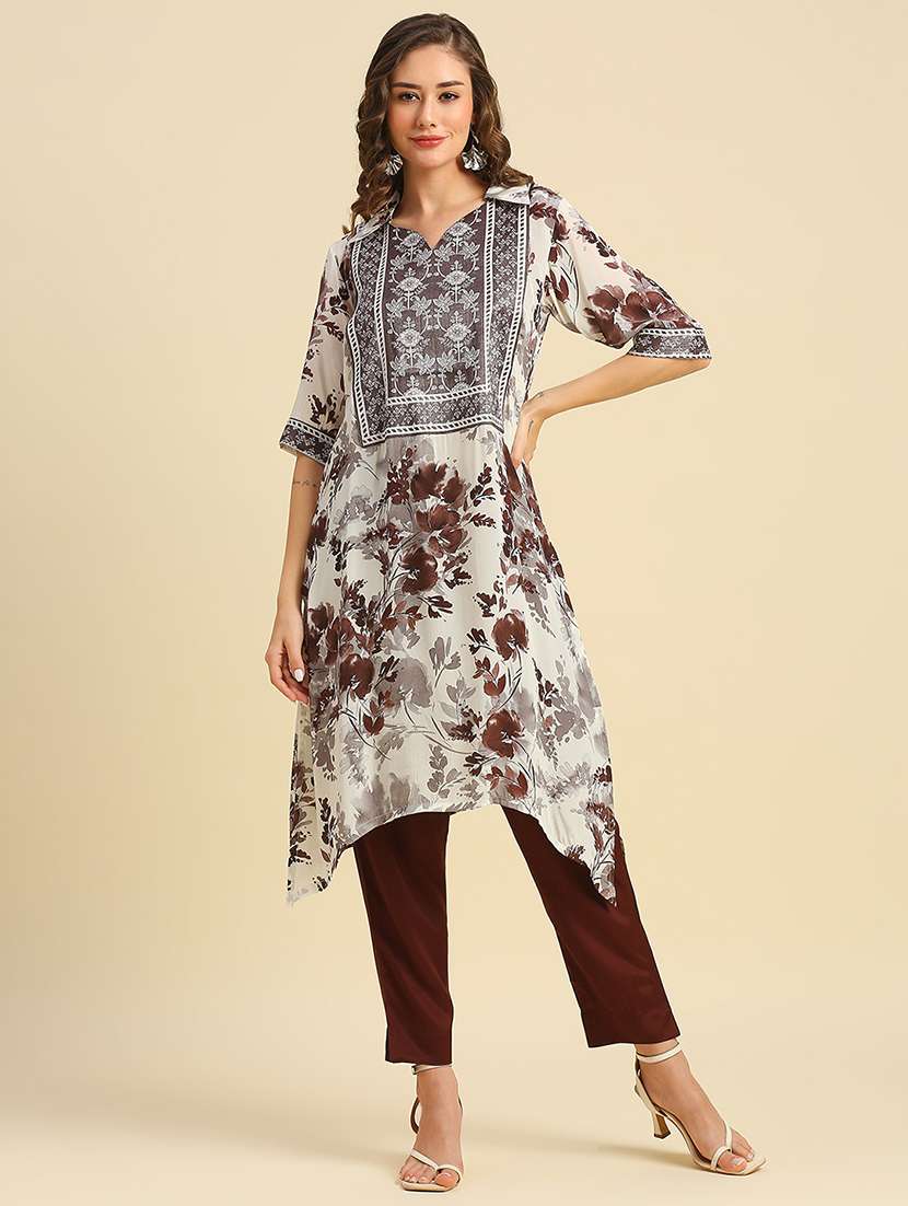 women floral print shirt collar neck asymmetric kurta
