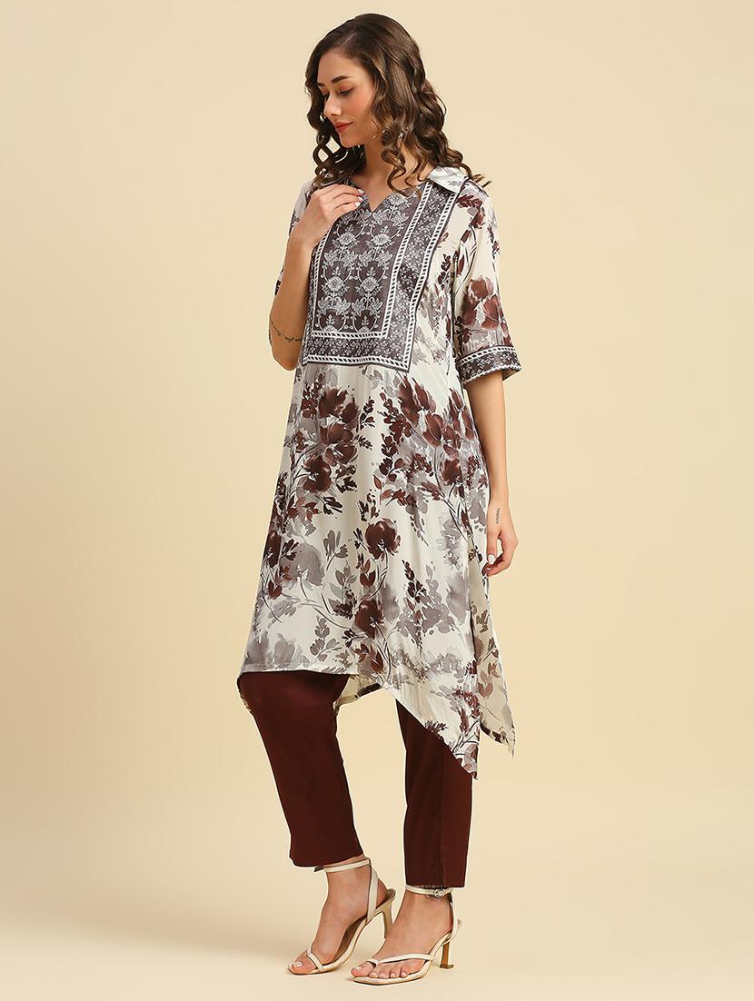 women floral print shirt collar neck asymmetric kurta - 21662191 - Standard Image - 2