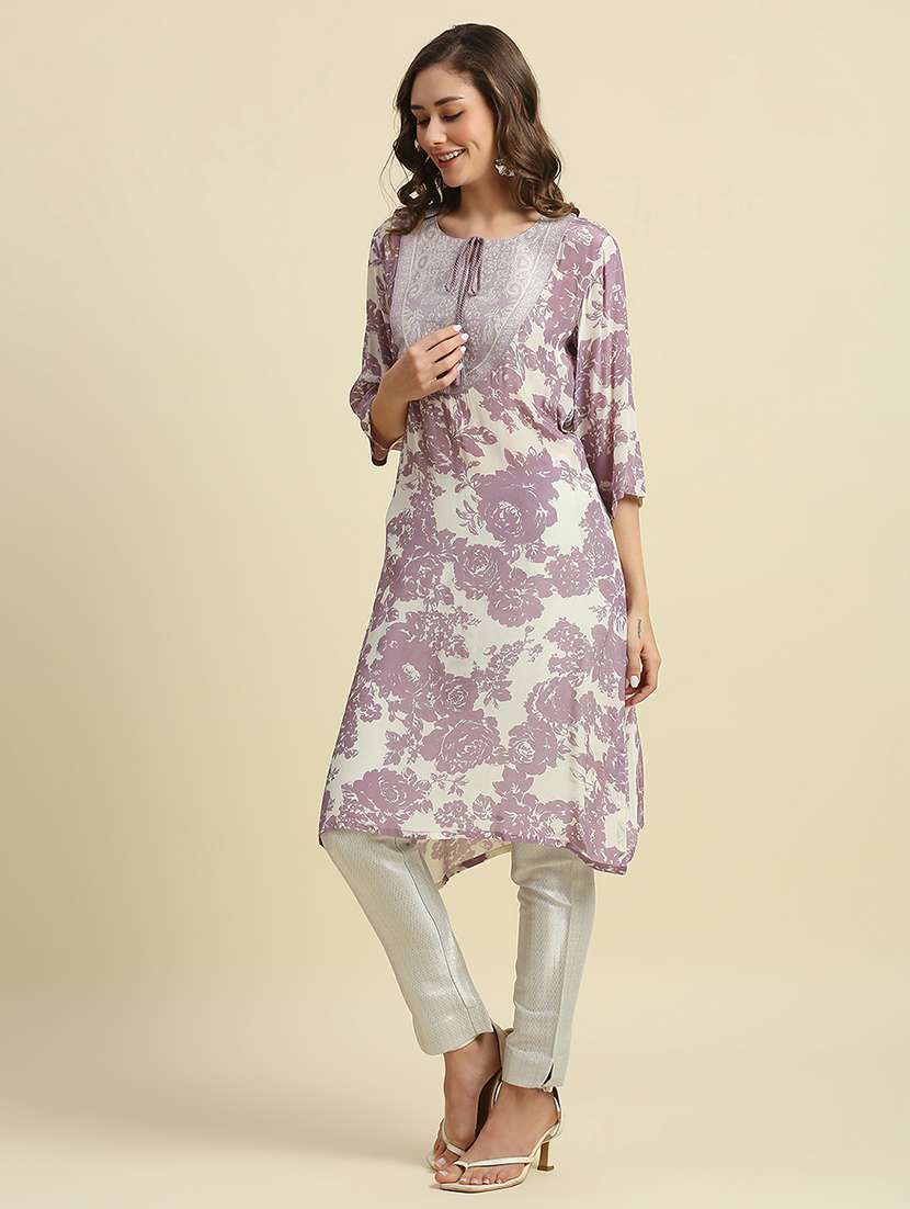 women floral three quarter sleeve straight kurta - 21662202 -  Standard Image - 2
