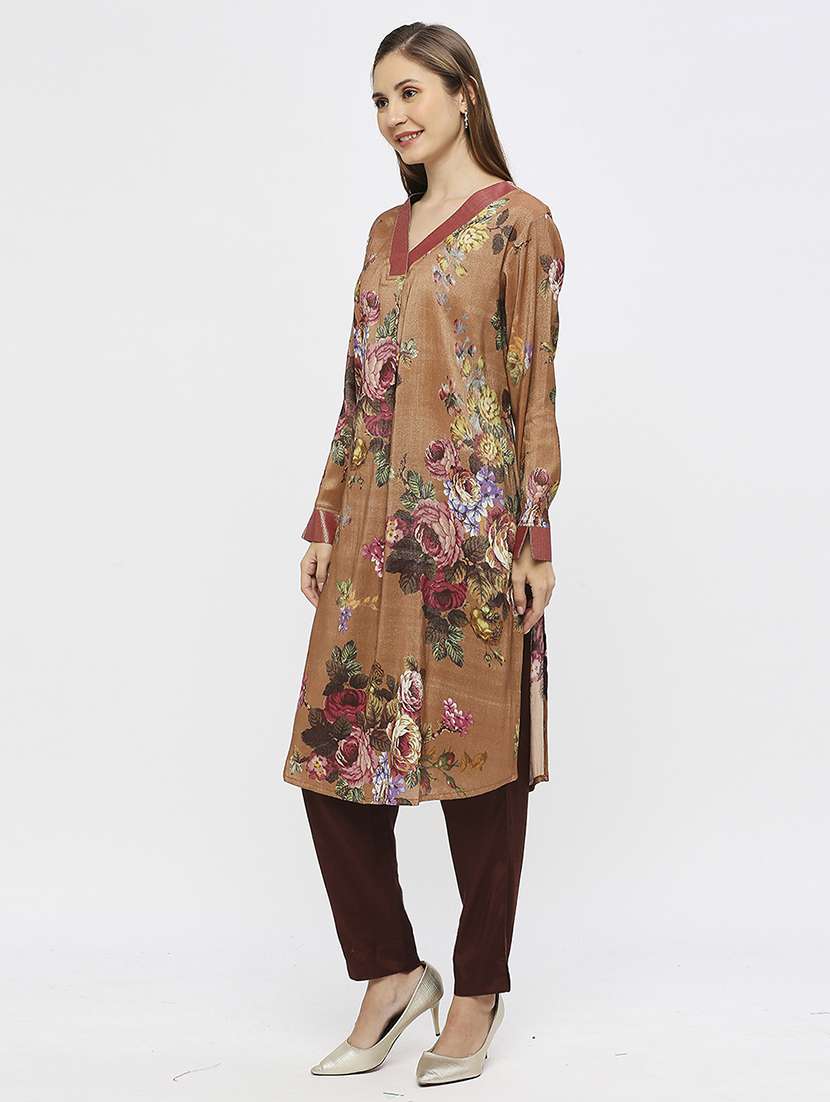 women floral long sleeve straight kurta - 21662216 - Standard Image - 2