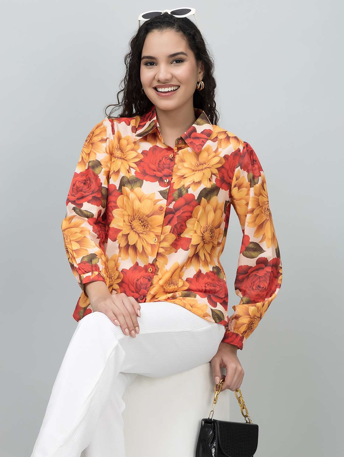 women floral printed collared long sleeves shirt