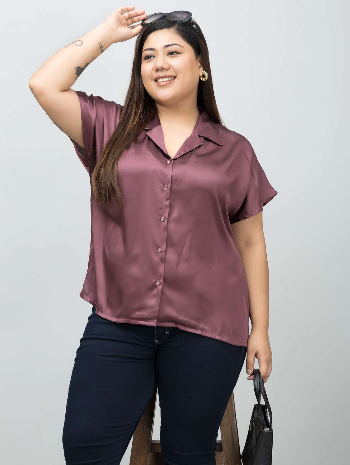 women plus size solid cuban collared shirt