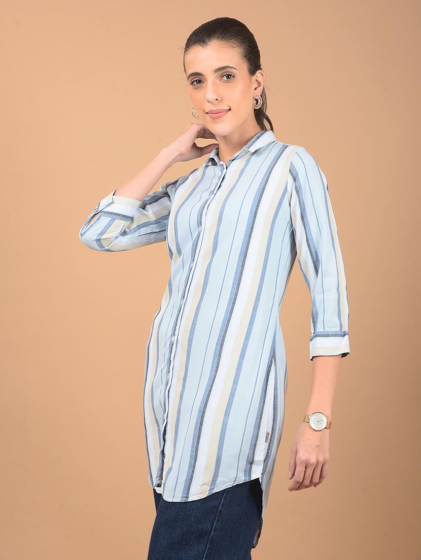 women striped collared high low shirt - 21662427 - Zoom Image - 0