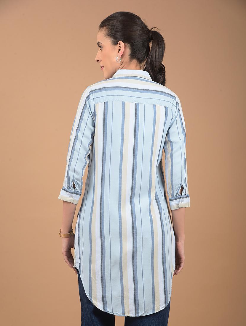 women striped collared high low shirt - 21662427 - Standard Image - 2
