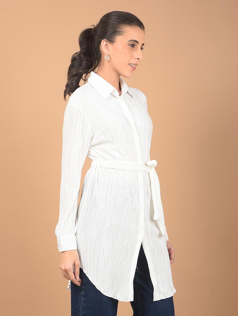 women white solid long sleeve shirt top with belt - 21662473 - Standard Image - 2
