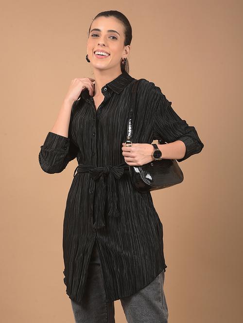 women stripes long sleeve shirt top with belt - 21662474 - Standard Image - 0