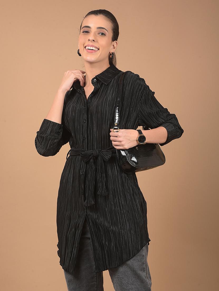 women stripes long sleeve shirt top with belt - 21662474 - Zoom Image - 0
