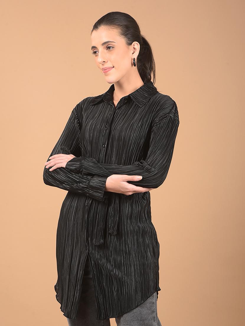 women stripes long sleeve shirt top with belt - 21662474 - Standard Image - 2