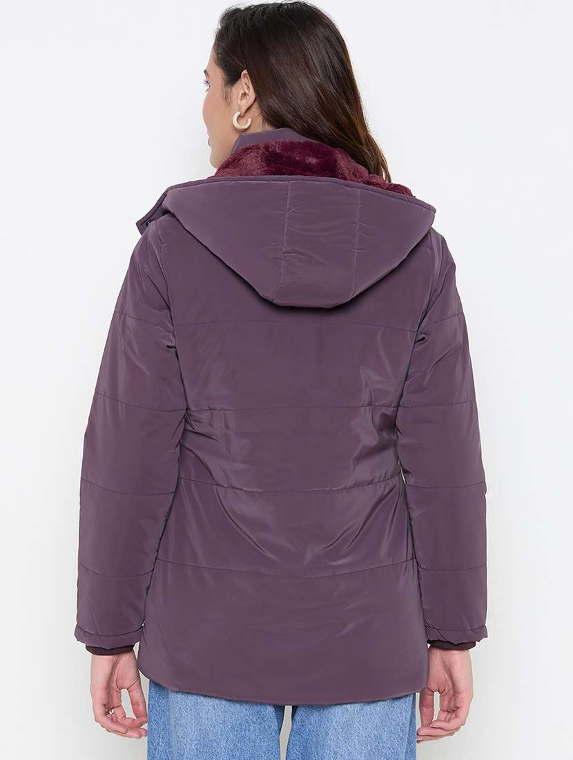 women solid hooded long sleeves quilted acket - 21662525 -  Standard Image - 2