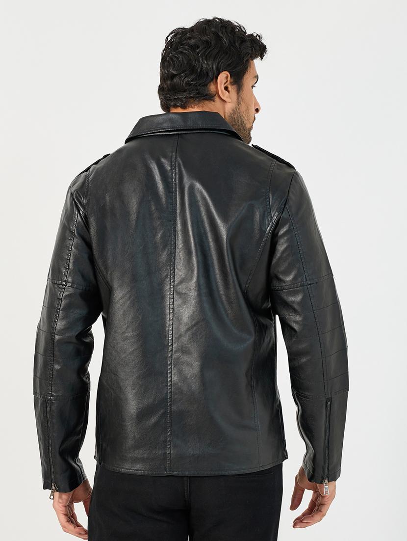 men black solid long sleeve biker jacket - 21662706 - Standard Image - 2