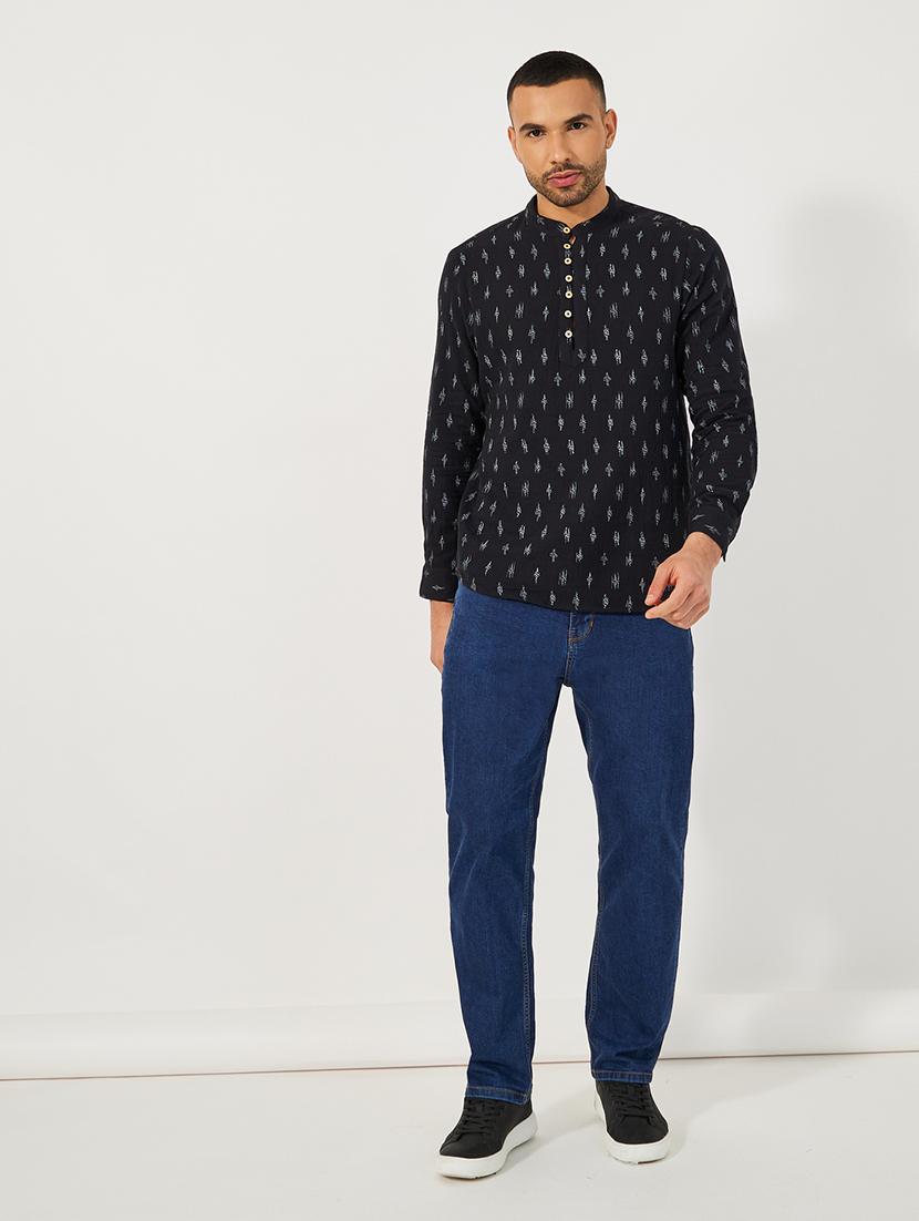men black printed long sleeve short kurta - 21662733 - Standard Image - 2