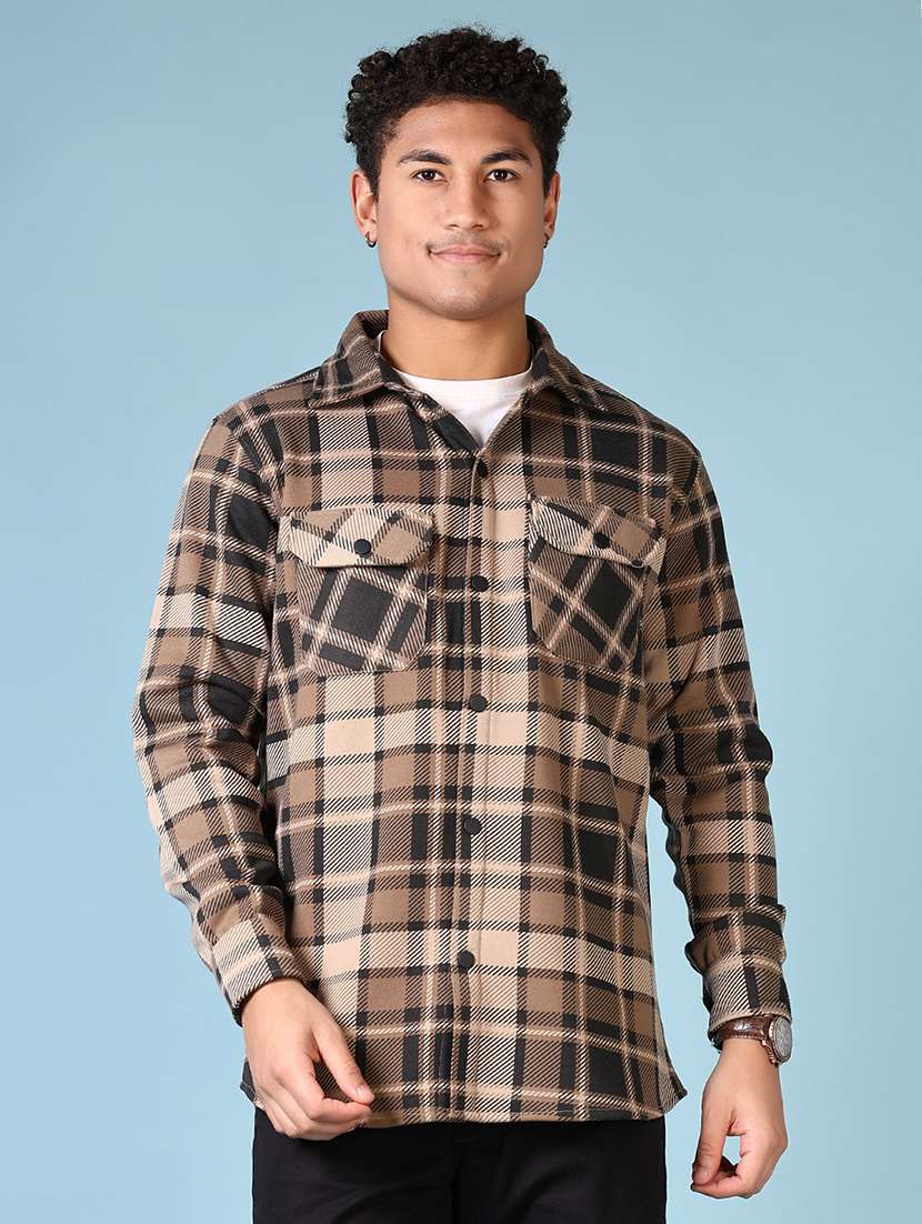 men checkered long sleeve shacket