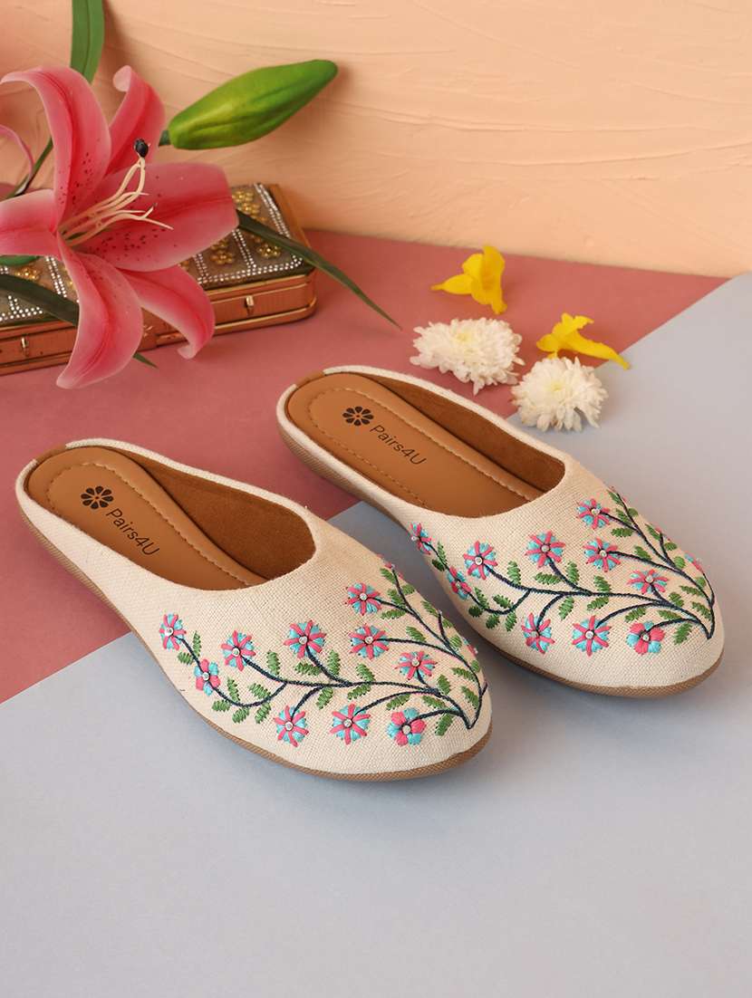 women embroidered slip on mules