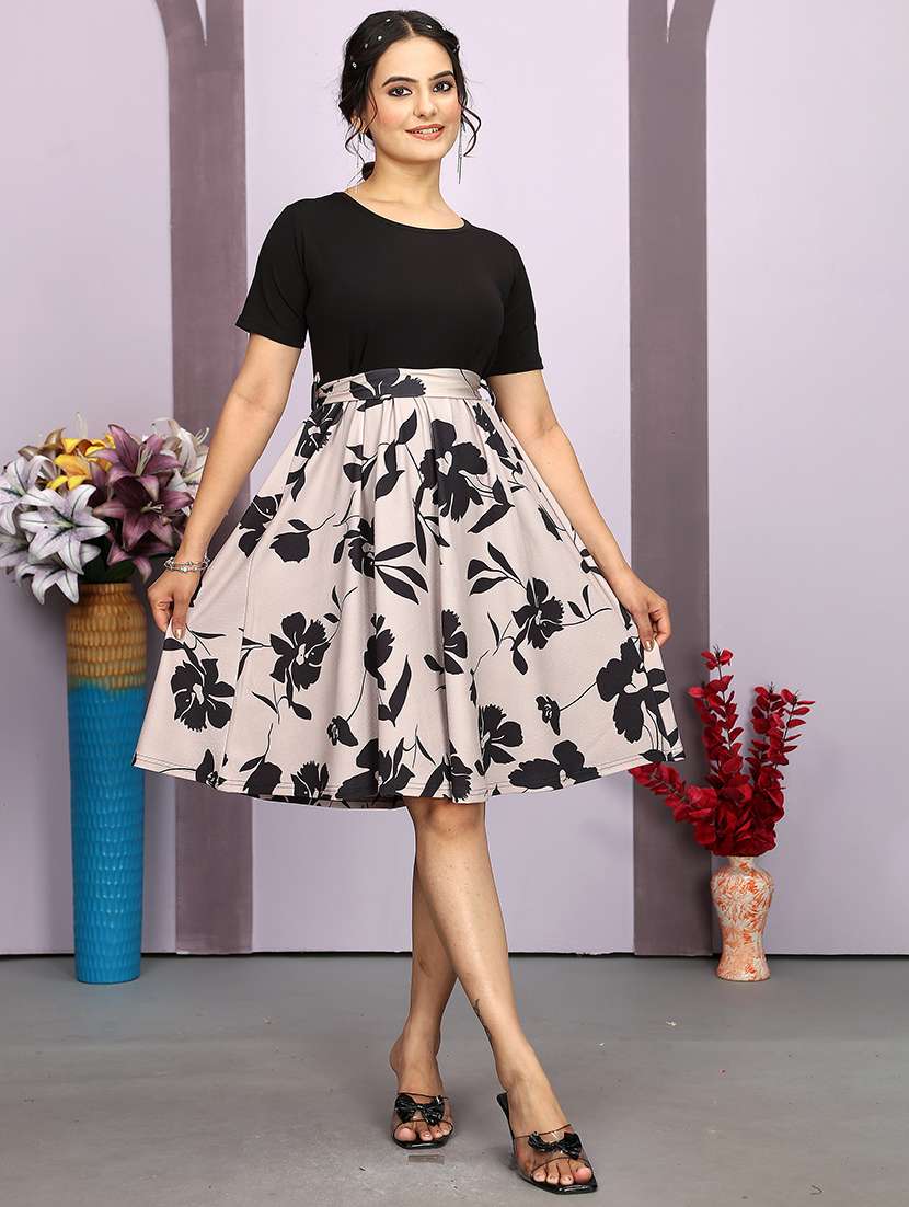 women floral print round neck fit & flare dress - 21663428 - Standard Image - 2