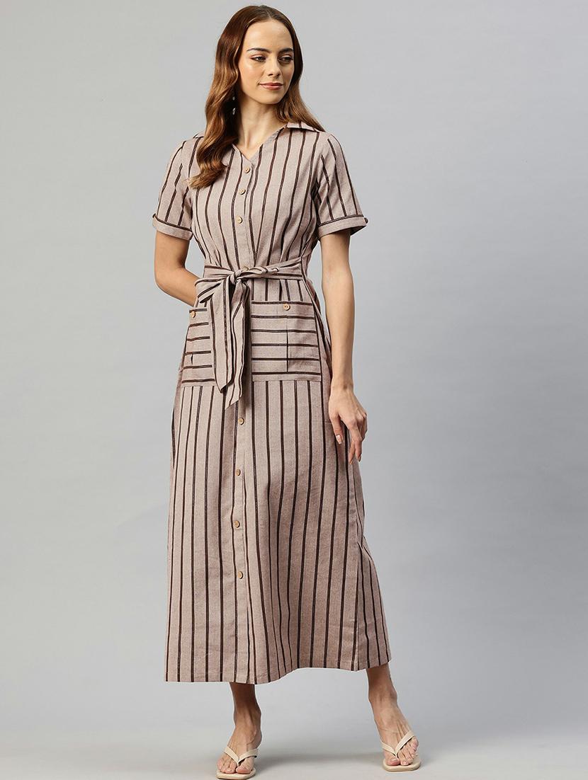 women beige stripes shirt collar neck straight dress - 21663446 - Standard Image - 2