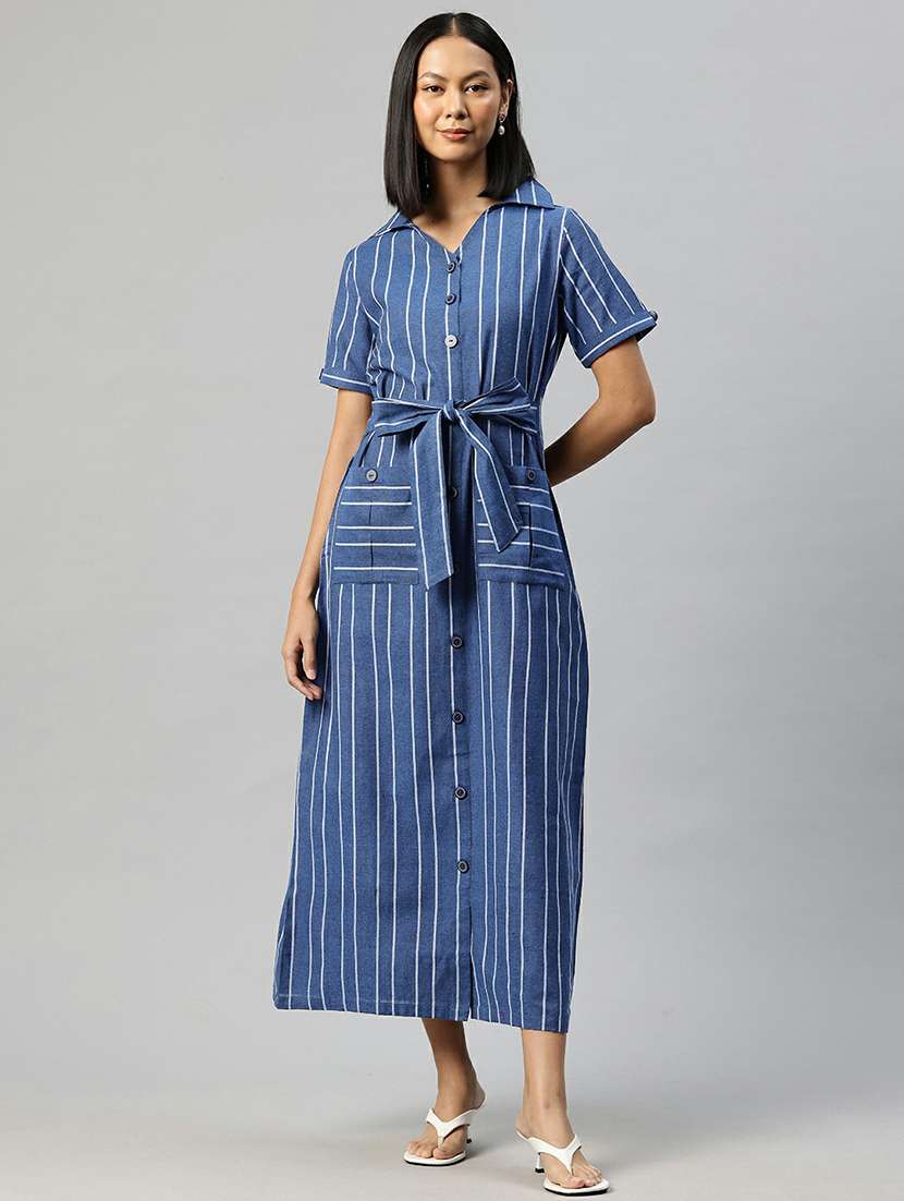 women blue stripes shirt collar neck straight dress - 21663447 -  Standard Image - 2