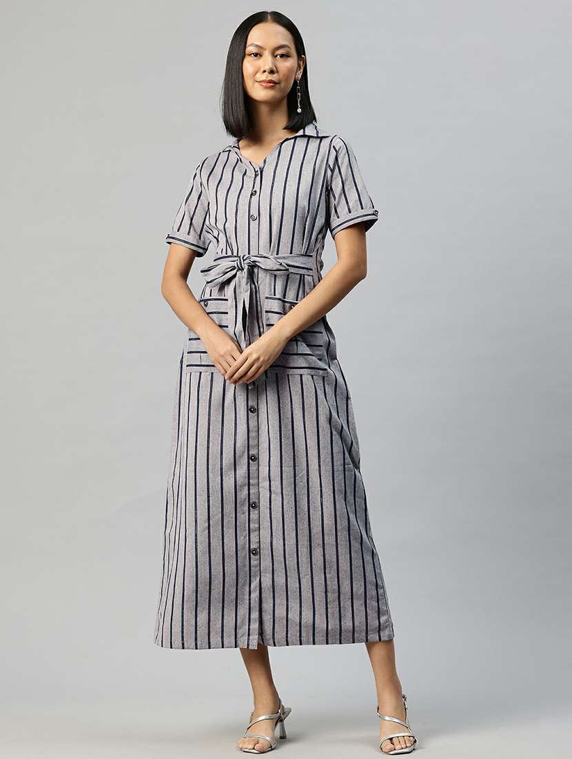 women grey stripes shirt collar neck straight dress - 21663448 -  Standard Image - 2